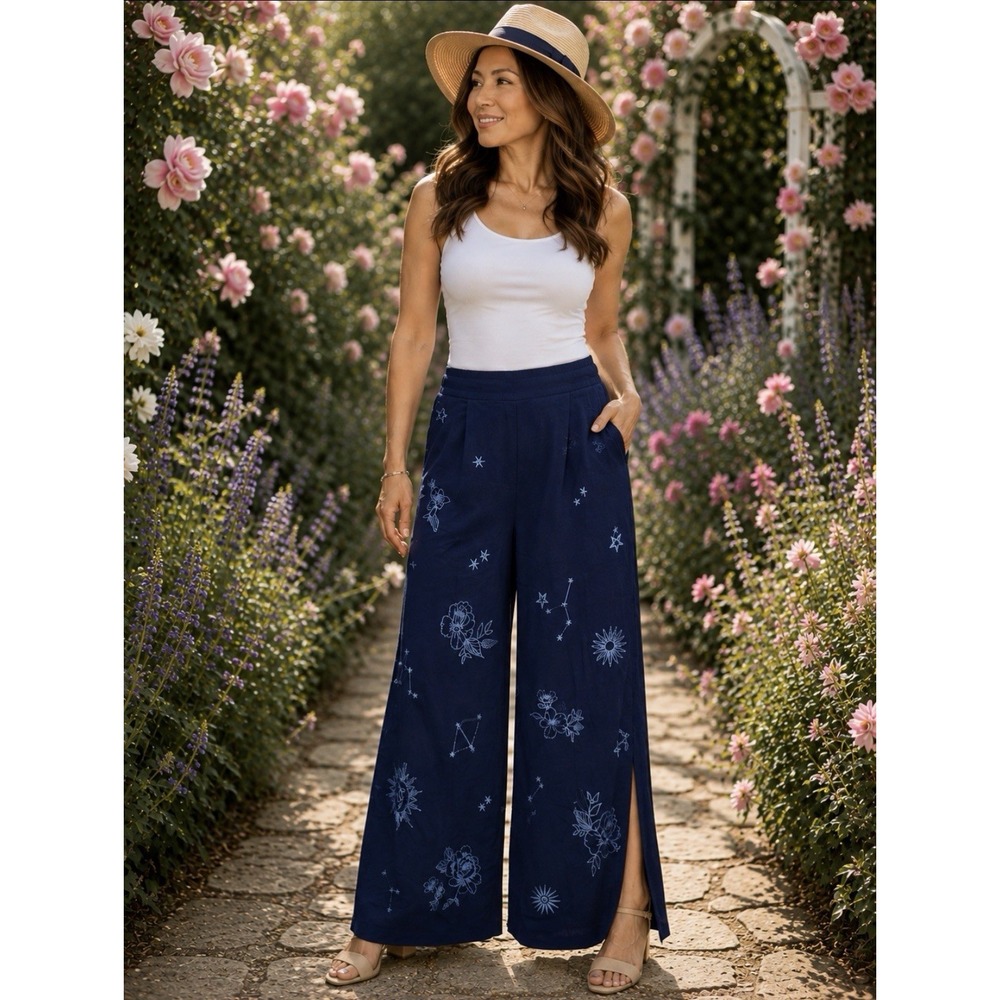 $248 NWT Johnny Was Bijou High Slit Floral Embroidered Wide Leg Pants Blue Sz XS